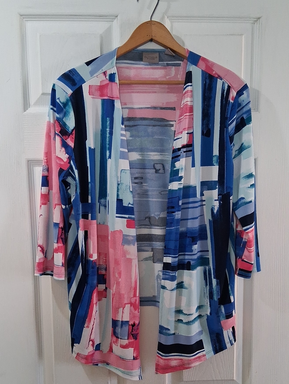 Chico's Open-Front Watercolor Stripe Cardigan in Blue, Pink, White Stretchy